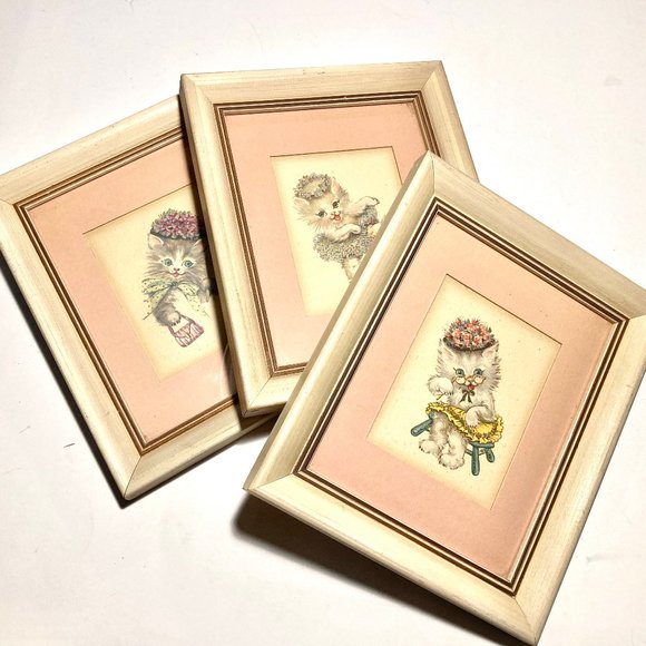 3 Vintage Framed Kitten Prints
